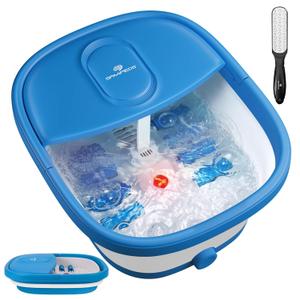 Collapsible Foot Spa Bath Massager with Jets, Red Light, 8 Shiatsu Massage Rollers, A Double-Sided Foot File for Stress Relief & Soft Feet, Space-Saving Feet Soaker, Blue