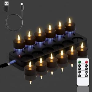 GenSwin 12 Rechargeable Tea Lights Candles with Charging Base and Remote Timer, Flameless LED Tealight Candles Battery Operated Halloween Fall Wedding Table Centerpieces (Black, 1.57 x 1.85)