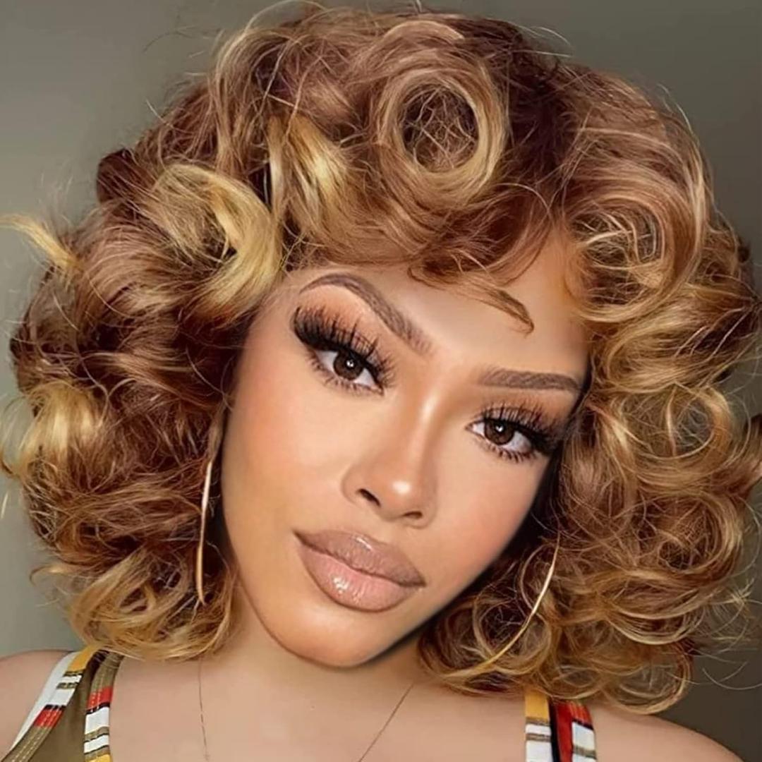 Brown Blonde Short Curly Wigs Human Hair for Black Women with Bangs Heat Resistant for Daily Use Breathable Capless (Ombre Blonde, 14 Inch)