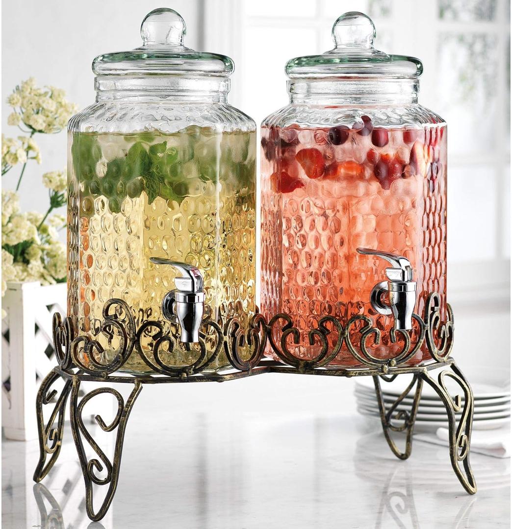 Glass Beverage Dispenser with Elegant Metal Stand (Set of 2), 1.Gallon Glass Drink Dispenser with 100% Leak Proof Spigot, Party Drink Dispenser for Lemonade, Punch, Water,