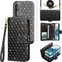 Asuwish Compatible with Samsung Galaxy S20 5G 6.2 inch Wallet Case Zipper Detachable Cell and Screen Protector Crossbody Strap Glitter Flip Card Holder Phone Cover for S 20 20S UW S2O G5 Women Black
