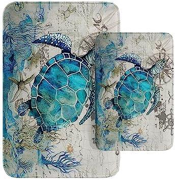 Britimes Blue Turtle Bathroom Rug Mat Set of 2, Ocean Nautical Starfish Washable Cover Floor Rug Carpets Floor Bath Mat Bathroom Decorations 16x24 and 20x32 Inches