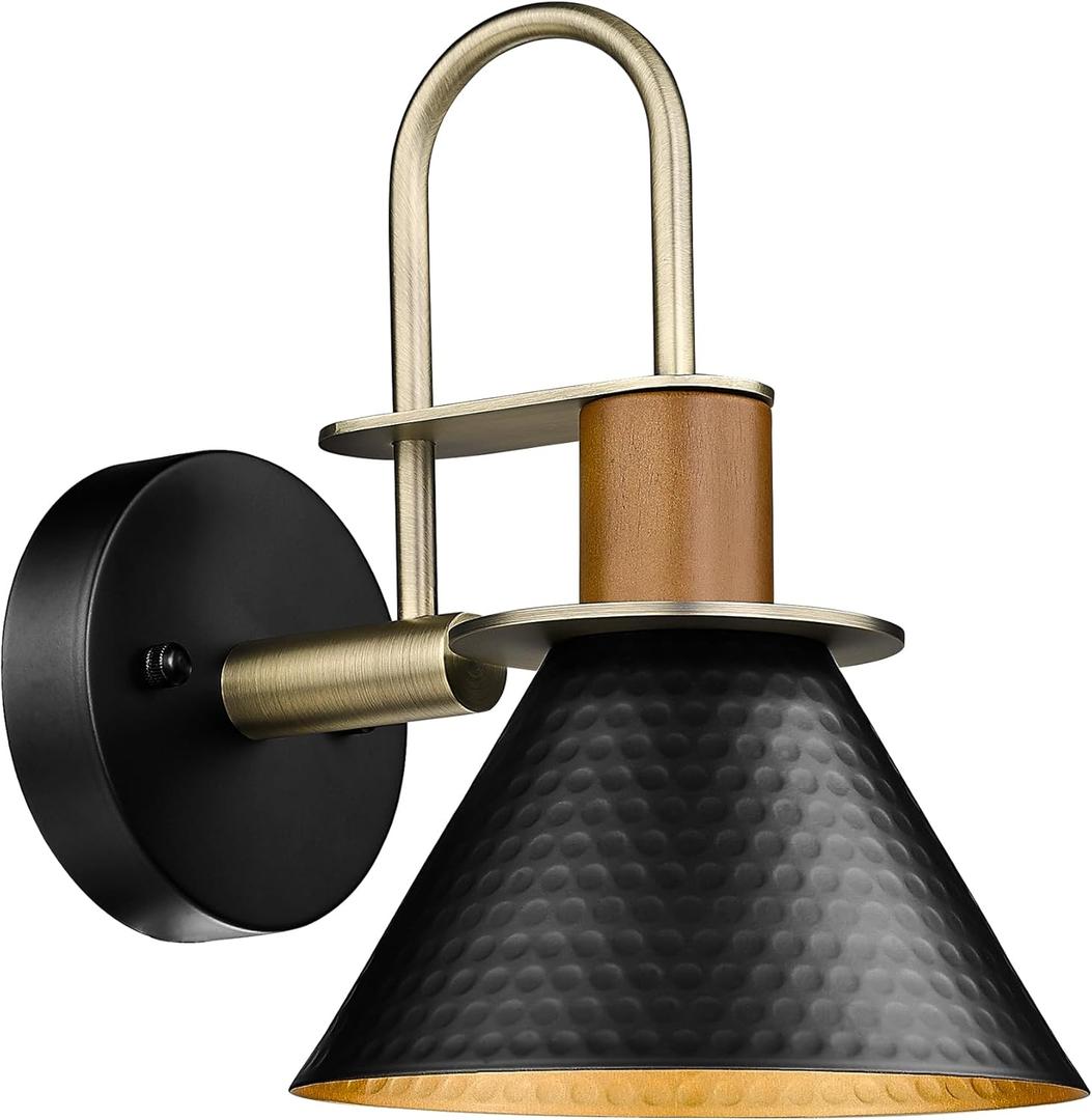 Black Wall Sconce, HWH Industrial Indoor Sconce Light Fixture, Single Wall Vanity Light Black Barn Wall Lamp with Hammered Metal Shade, Black and Gold Finish, 5HZG74B BK+BG (Medium)