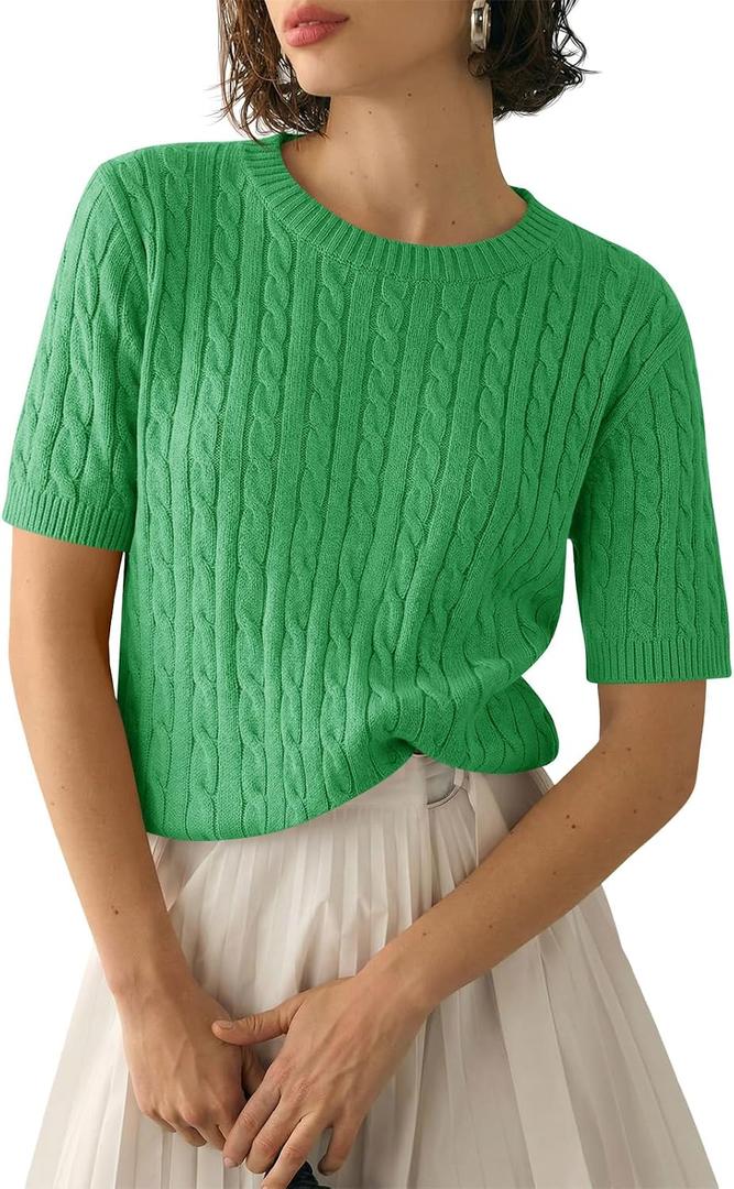 Saodimallsu Womens Cable Knit Sweater Tops Short Sleeve Crew Neck Loose Casual Summer Pullover Sweaters (Green)