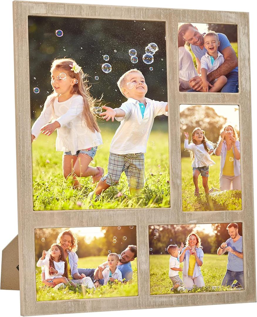 MONT PLEASANT Farmhouse 8X10 Picture Frame with 5 Openings Display Photo frames multiple pictures 8X10,Two 4X6 and 4X4 Photos Wood Collage Frame for Wall Mounting or Tabletop Display (Brown)