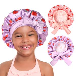 YANIBEST 2 PCS Baby Bonnet Silk Satin Bonnet for Kids Sleeping Cap Curly Natural Hair Silk Bonnets for Girls Boys Infant (5-12 Years, Strawberry)