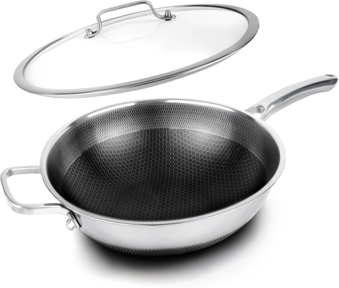 Wok Pan with Lid,12.6 inch Hybrid Woks & Stir-fry Pans Nonstick Stainless Steel Cookware, Cooking Wok for Induction Cooktop, Double Coated Honeycomb Pan