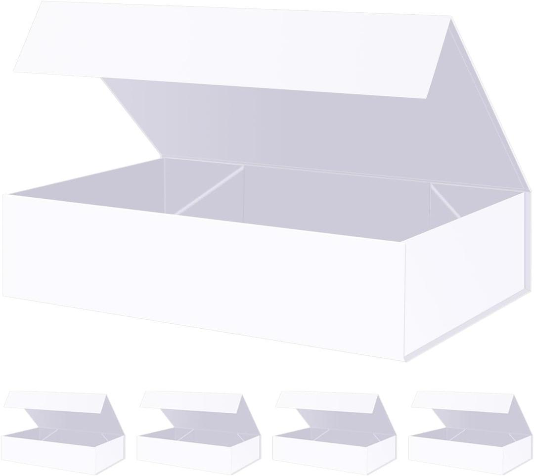 BLK&WH 5 Extra Large Gift Boxes 17x11x4 Inches, White Gift Boxes with Magnetic Closure Lid, Sturdy Shirt Boxes, Rectangle Collapsible Boxes for Clothes (Matte White), 17x11x4-White-Pack of 5