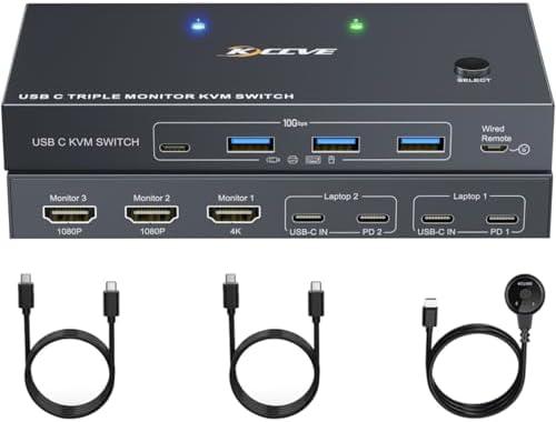 USB C KVM Switch 3 Monitors 2 Laptops 4K 1080P@60Hz,USB-C Docking Station Triple Monitor KVM Switches with 4 USB 3.2 Ports,10Gbps 80W PD Charging, For Windows and Mac OS, Driver Installation is Required