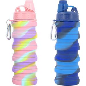 Collapsible Water Bottles Travel water bottle Sports Portable Sport Water Bottle Reusable Water Bottles comes with mountaineering Buckle 500ml silicone Water-proof camping water bottle (Pink+Blue camouflage)
