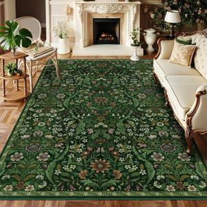 Floral Washable 6x9 Area RugDark Green Boho Rugs for Living Room, Soft Low-Pile Non-Slip Stain Resistant & Non-Shedding Carpet for Bedroom, Dining Room, Office, Entryway, Nursery