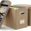 Oterri Hanging Filing File Box with Mesh Pocket, File Organizer Box with Lid, Collapsible Document Organizer Box for Letter Size, Easy Slide Durable Storage Box for Office/Decor/Home (2 PCS, Khaki)