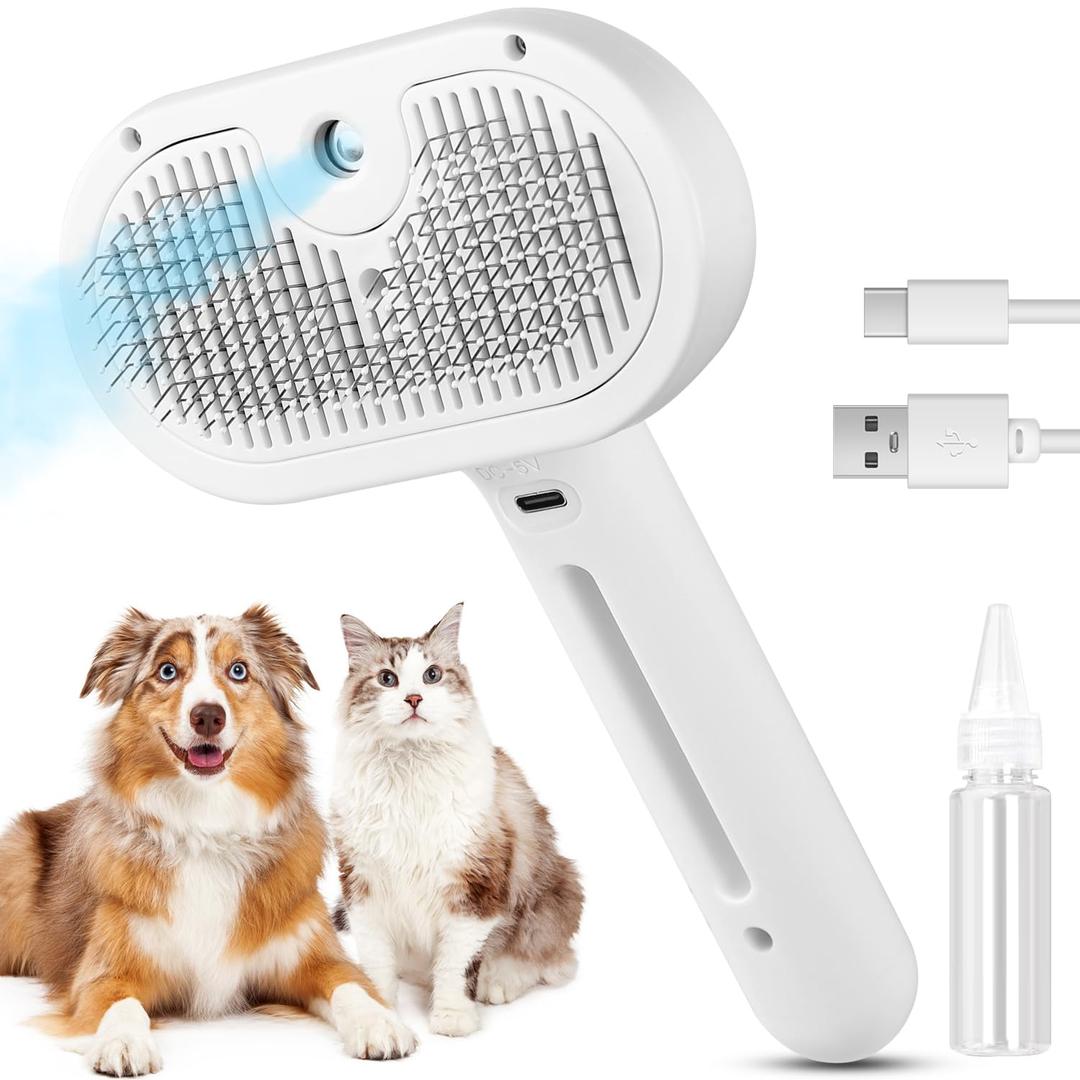 Pet Steam Brush for Indoor Cats & Dogs, Self Cleaning Cat Brush for Shedding & Grooming Supplies, Anti-Static & Anti-Flying Hair Water Mist Spray Hair Removal Comb for Long & Short Haired Animals (White)