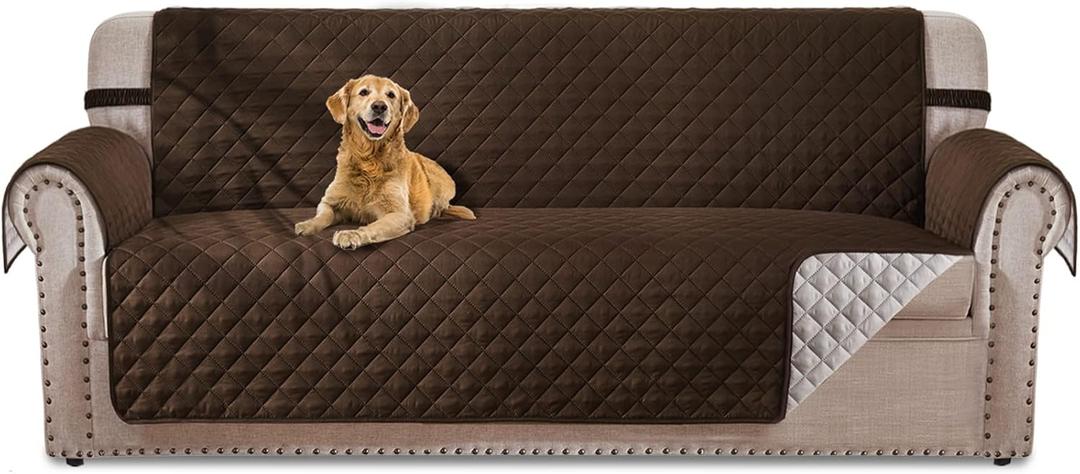 HOMERILLA Reversible 3 Cushion Couch Cover for Dogs Water Resistant Washable Pets Furniture Protector Sofa Cover with Elastic Straps (68" Sofa, Chocolate/Beige)