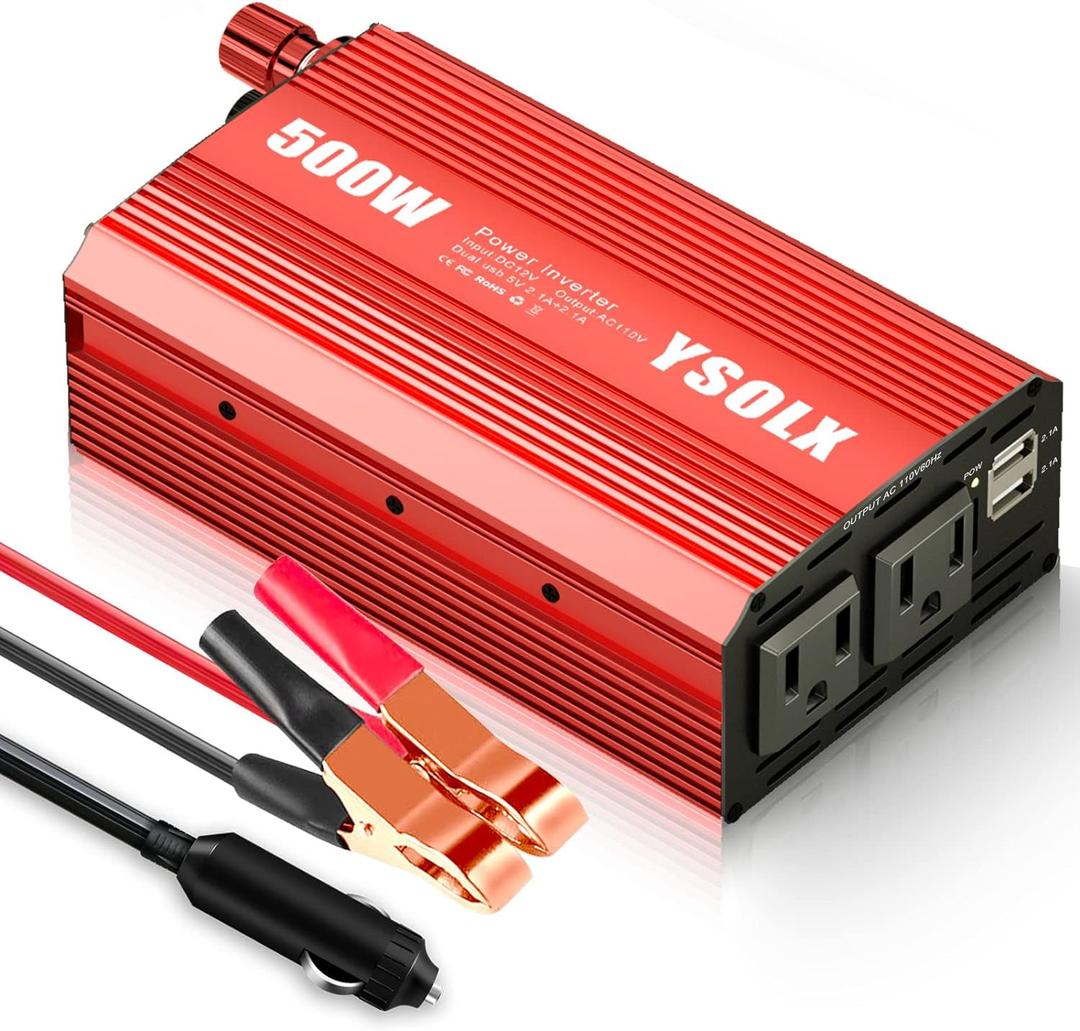 YSOLX 500W Power Inverter 12V to 110V for Vehicles with Dual Fast Charging 24W USB and 2 AC Outlets, Ideal for Road Trips, Camping, and Vehicle Power Needs