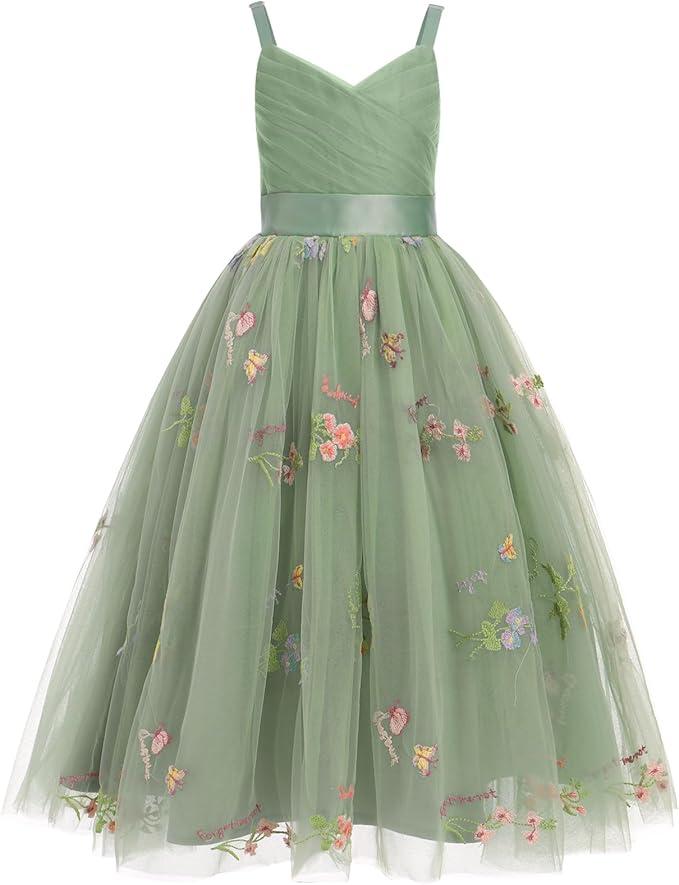 Flower Girls Dress Spaghetti Strap V-neck Tulle Princess Maxi Gown Kids Wedding Bridesmaid Formal Dress, Size 160