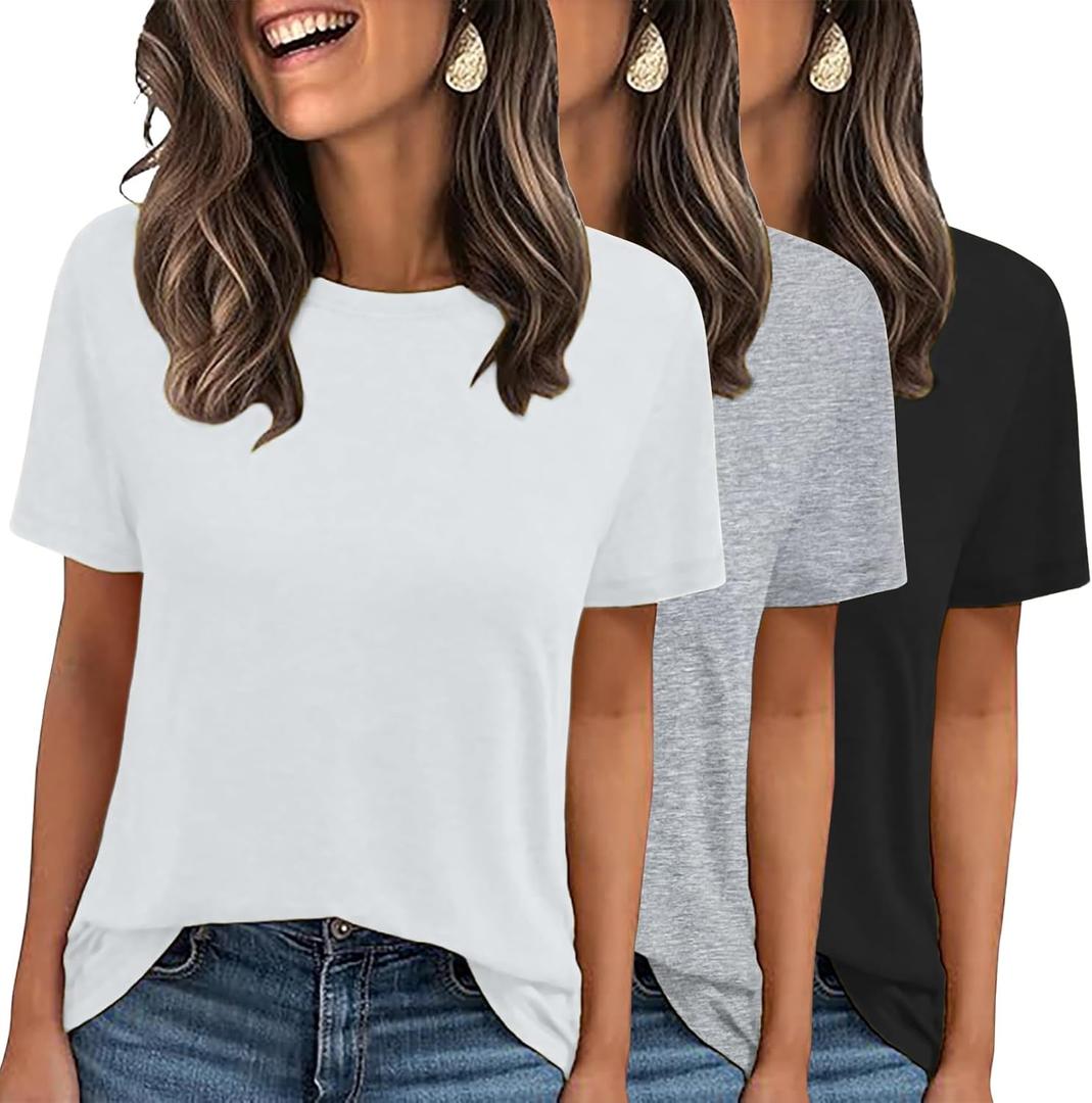 LOOKFACE 3 Pack Womens Basic T Shirts Summer Tops 2026 Short Sleeve Tees Comfy Casual Vacation Clothes (Large, Black Grey White)