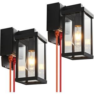 Dusk to Dawn Porch Lights with GFCI Outlets Waterproof Outdoor Wall Lights Exterior Lighting Fixtures Modern Outside Lights Wall Mount for House Patio Garage,Black,11.8''H, 2 PC