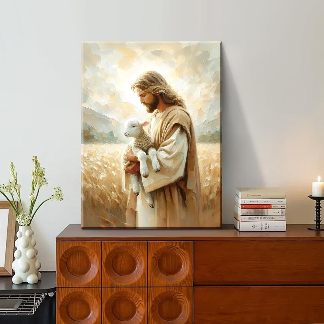 OTOSTAR Jesus and Lamb Christian Wall Art Canvas Prints - Jesus Saves the Lost Lamb Christian Canvas Wall Art for Prayer Room Baptism Serenity Prayer Church Decor - 12 x 16 Inch