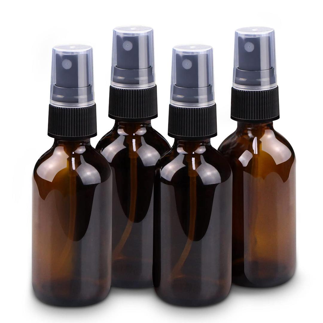 Wedama 2 oz Mini Glass Spray Bottles, Empty Small Spray Bottles with Funnel Dropper, Fine Mist for Hair, Travel, Plants, Cleaning Solutions and Skin Care (4 Pack Amber) (2 Ounce (Pack of 4))