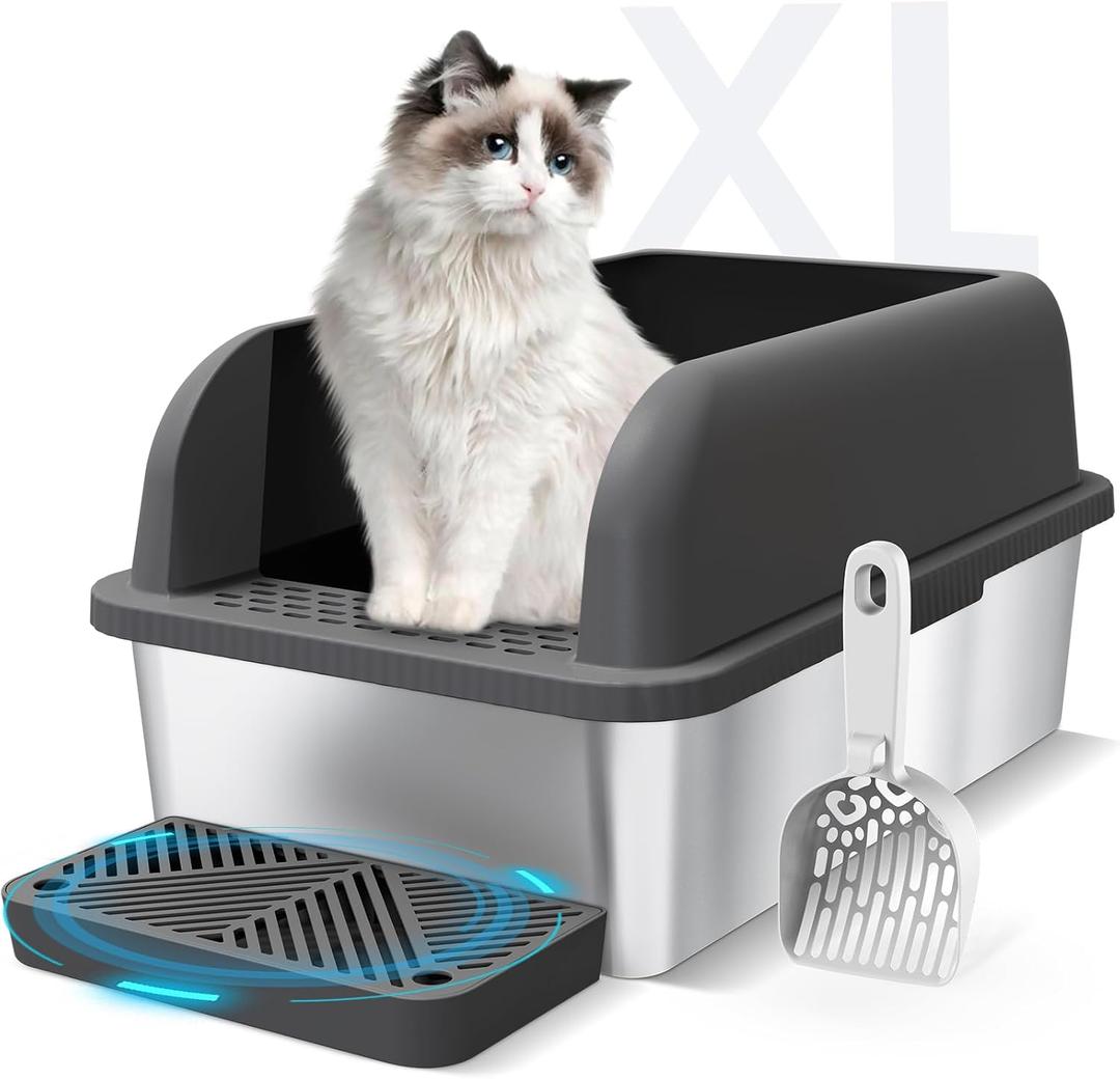 Stainless Steel Cat Litter Box with Enclosed Lid Extra Large Litter Box for Big Cats XL Metal Litter Tray Pan with High Sides Wall Enclosure, Easy Cleaning, Anti-Leakage, Non-Sticky (Charcoal Gray) (6 Deep, Charcoal Gray & Sliver)