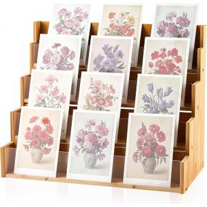 Yuntau 4 Tier Greeting Card Display Stand Wood Color Bamboo and Acrylic Sticker Display Stand Trading Card Holder Retail Photos Shelf for Vendors Craft Collection & Show