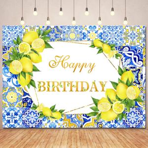 Lemon Birthday Backdrop Lemon Party Decorations,Blue Tiles Morocco Mediterranean Backdrops Italy Lemon Birthday Banner Photography Background for Happy Bday Supplies Photo Booth Props 7x5ft