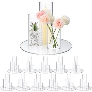 Sawysine 12 Sets 2. 6'' x 4. 7'', 5. 9'', 7. 9'' Cylinder Vase Centerpiece with Mirror Tray Included Round Glass Mirror Trays Glass Vases for Centerpiece for Wedding Table Baby Shower Party Decoration