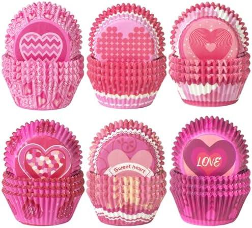 qiqee Valentine Cupcake Liners 300PCS Muffin Liners 6 Designs Birthday Cupcake Papers Baking Cups For Valentine's Day(Standard Size), 4 Pack