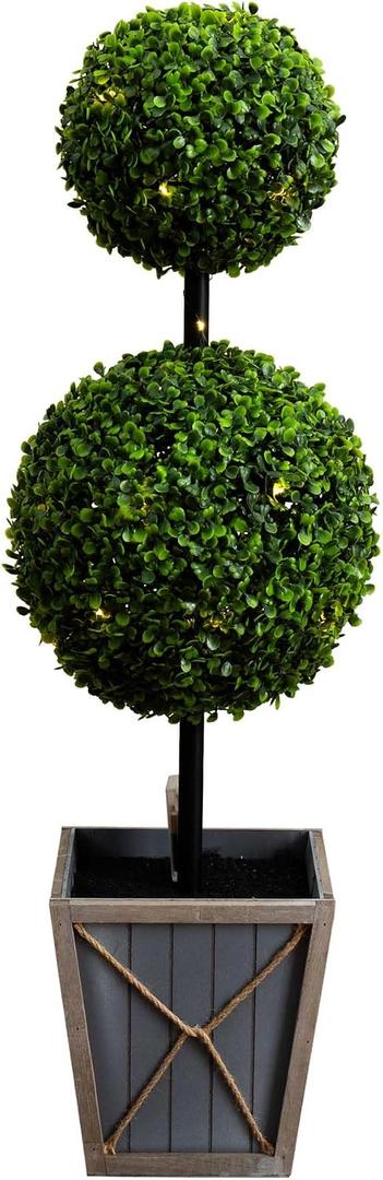 Nearly Natural 3ft. UV Resistant Artificial Double Ball Boxwood Topiary with LED Lights in Decorative Planter (Indoor/Outdoor)
