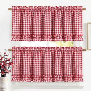 2 Pcs Red Gingham Ruffled Valances for Window Farmhouse Buffalo Checkered Valances Ruffle Rustic French Country Kitchen Curtains with Rod Pocket for Bathroom Cafe 52" W x 18" L