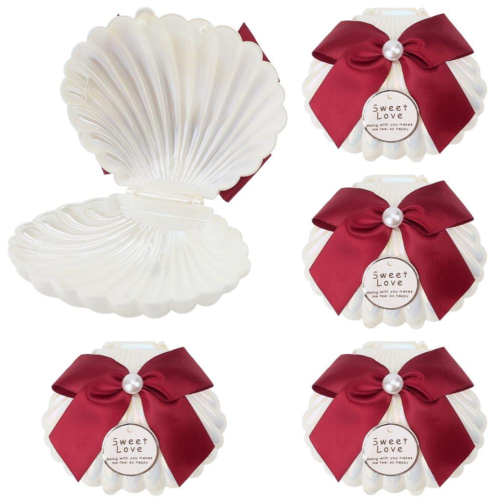 5Pcs Sea Shells Candy Boxes Seashell Plastic Containers Jewelry Organizers Storage Chocolates Party Favor Boxes Red Ribbon Bowknot for Wedding Birthday 2.8x3.5 Inch