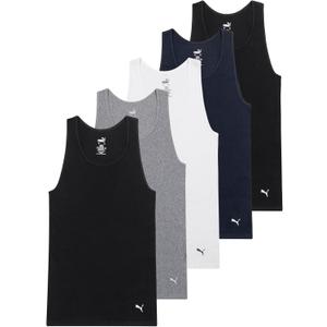 Puma Mens 5 Pack Cotton Rib Tank Top (Large, Black/Grey/White/Navy)