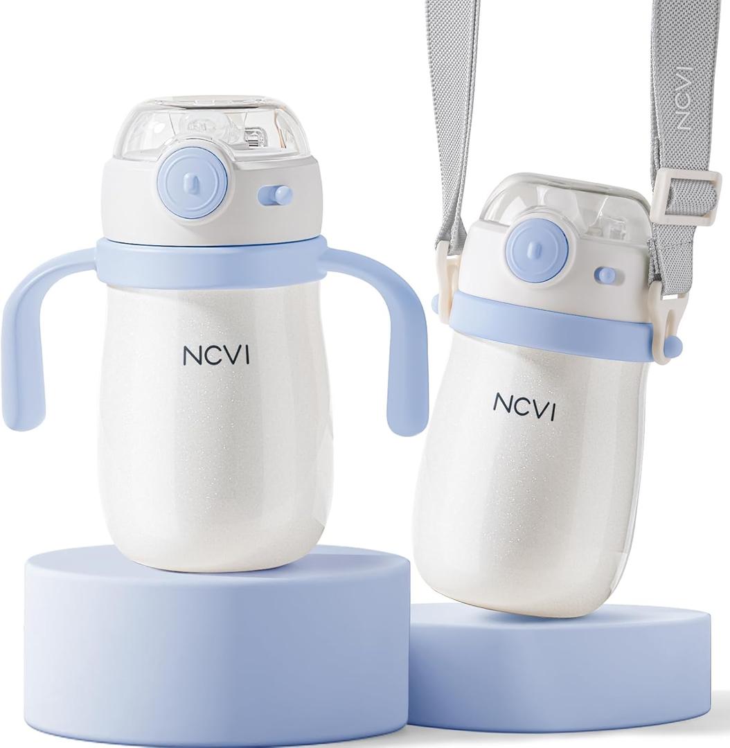NCVI Kids Stainless Steel Straw Cup for Toddler 1-3 Years Old, Training Tumbler with Straw Spill Proof with Handle, Insulated Bottle to Keep Cold Warm for Water/Milk/Drink, Blue 10floz,Christmas Gift