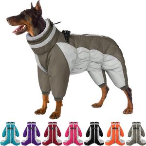 SUNFURA Full Body Dog Coat - Warm Fleece Jacket for Large Dogs, Turtleneck Winter Coats with Harness, Reflective Windproof Dog Snowsuit with Legs for Labrador,Golden Retriever, Army Green 2XL