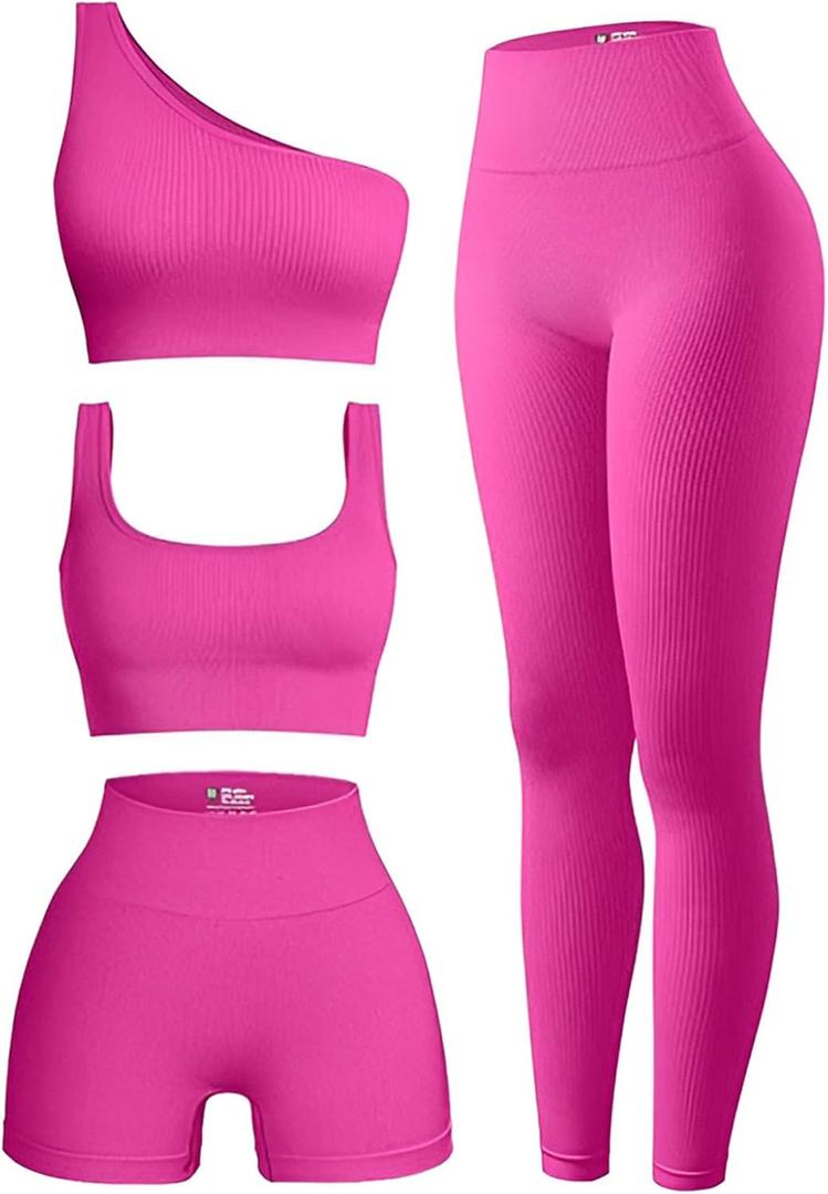 4 Piece Workout Sets For Women Ribbed Leggings Clothes Yoga Sets Active Wear Matching Work Out Sets Gym Pilates Outfits (Medium, Pink)