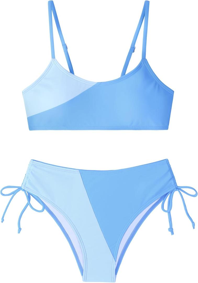 Girls Swimsuits Bikini Set 2 Pieces Color Block Bikini with Adjustable Shoulder Strap Girls Bathing Suit 7-16Y (11-12 Years, Blue-light)