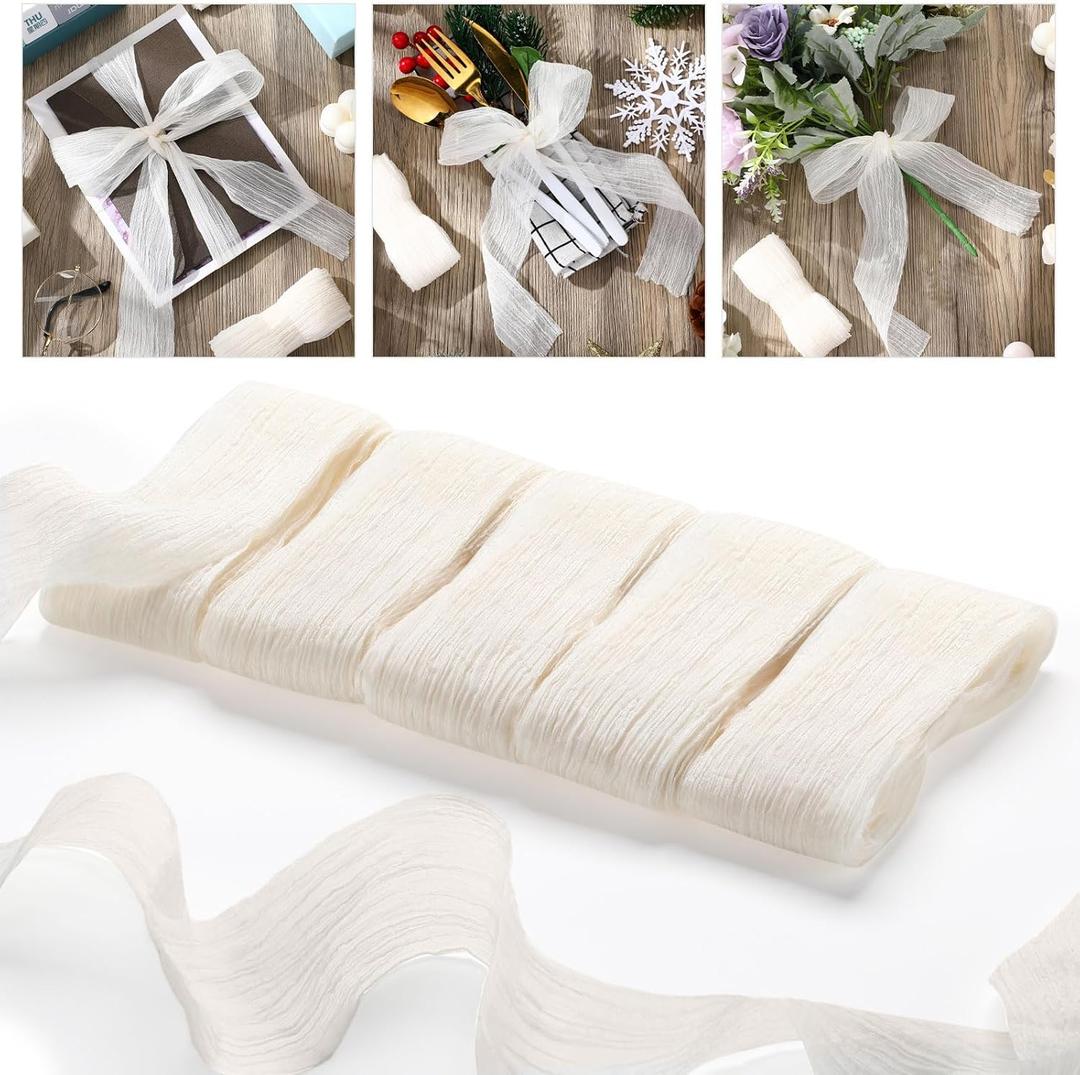 Waydress 5 Roll Ivory White Ribbon 15 yd 1-1/2 Inch Cream Crinkle Chiffon Ribbon Handmade Tulle Fabric Silk for Wedding Invitations, Gift Wrapping, Bridal Bouquets Wrapping, Flower Decoration(Ivory)