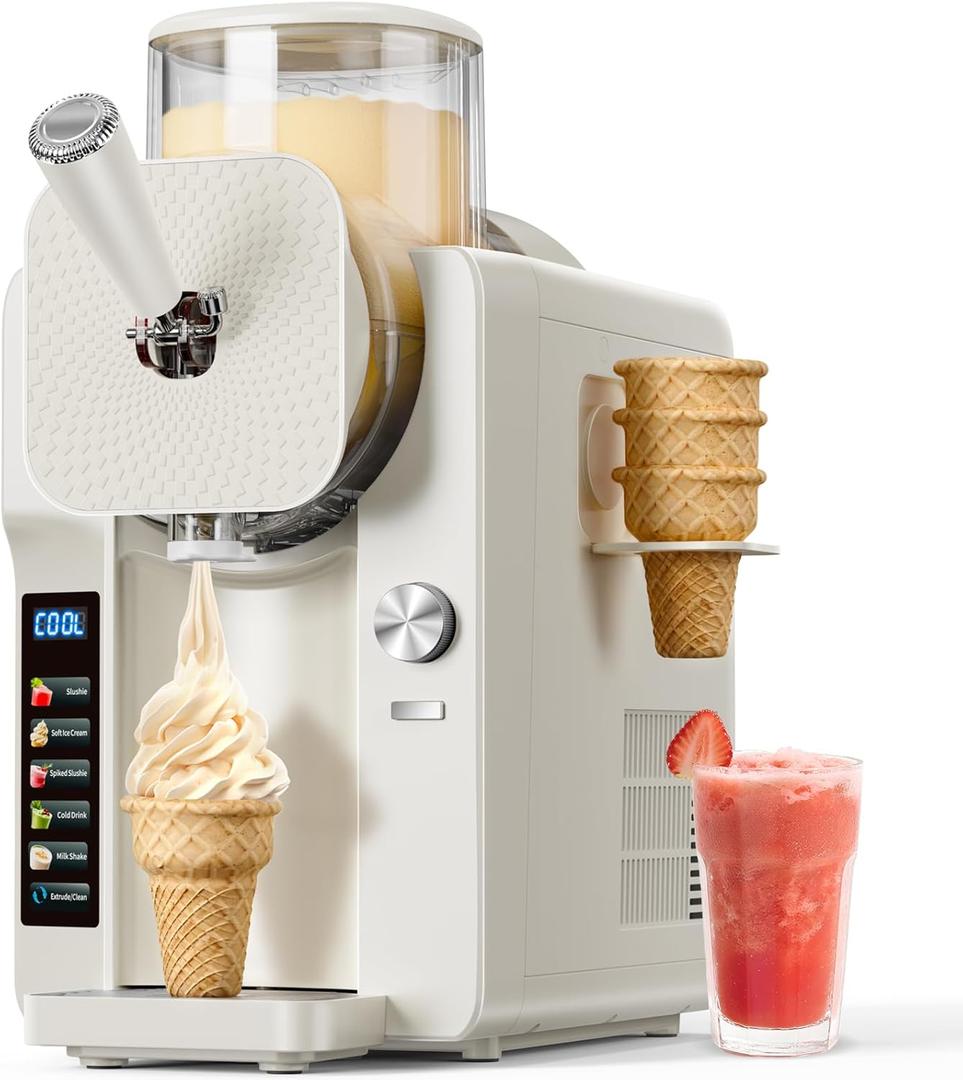 Slush Machine & Ice Cream Maker Machine 2-IN-1, 6 Modes for Smoothies, Milkshakes, Cocktails, Margarita, and Ice Cream, Double-Layer Tank, With Ice Cream Cone Holder, Self-Cleaning, For Home Use, 75OZ  White