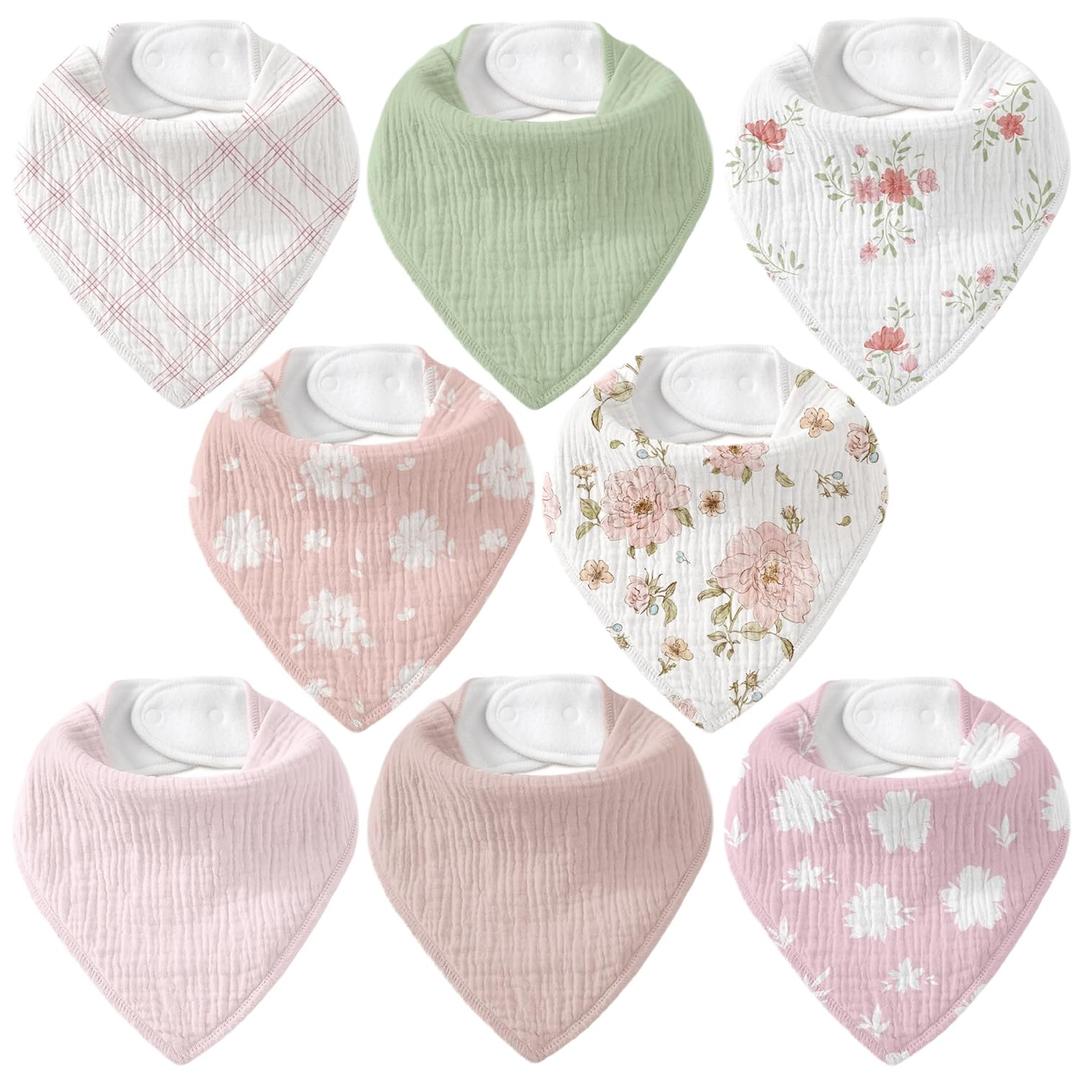 Muslin Baby Bibs 8 Pack, Baby Bandana Drool Bib for Drooling and Teething, Cotton Soft Absorbent for Girls Boys Garden (Pink Green Floral)