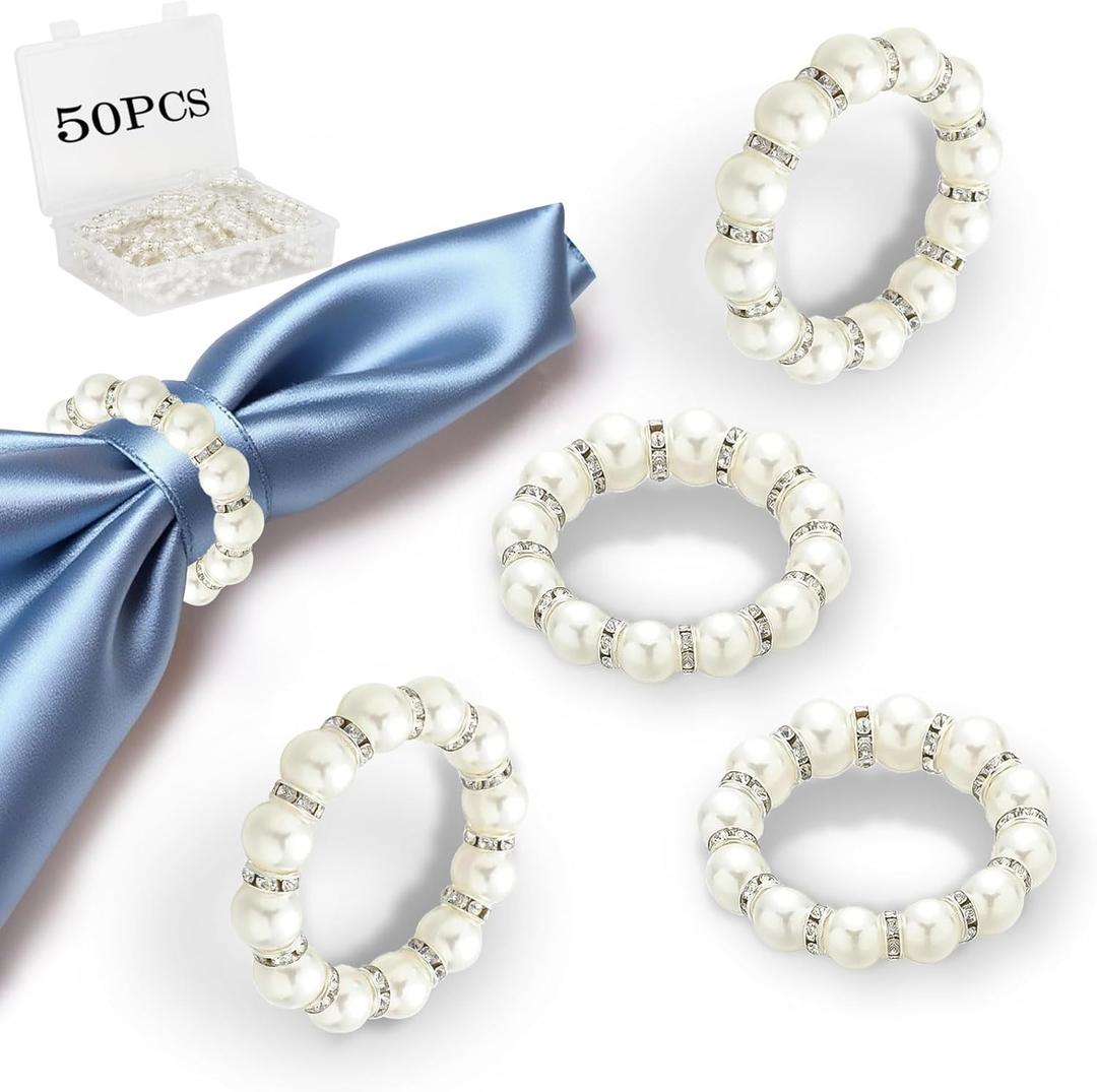 50 Pcs Pearl Napkin Rings Imitation Pearl Beaded Napkin Rings Holder Elegant Rhinestone Serviette Rings Buckle for Formal Wedding Home Dinner Party (White and Silver) (Set of 50)