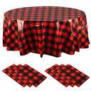 Remagr Disposable Checkered Tablecloth Round Plastic Buffalo Plaid Table Cloth 84'' Gingham Tablecover for Picnic Camping BBQ Graduation Party(Red and Black,12 Pieces)
