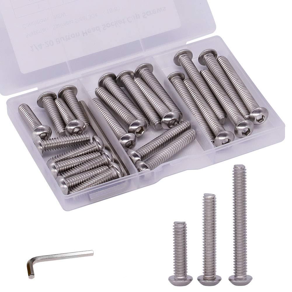1/4-20 x 1/2", 3/4", 1" Button Head Socket Cap Screws Bolts Kit, 304 Stainless Steel 18-8, Allen Hex Drive, Full Thread, 30 PCS