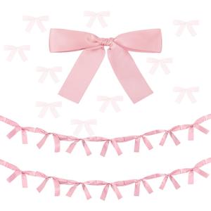 2 Pcs Pink Bow Garland Banner 16.4 FT Bow Party Decortions for Girls Pink Bow Ribbon Banner Bow Birthday Baby Shower Decorations Coquette Bridal Shower Party Supplies