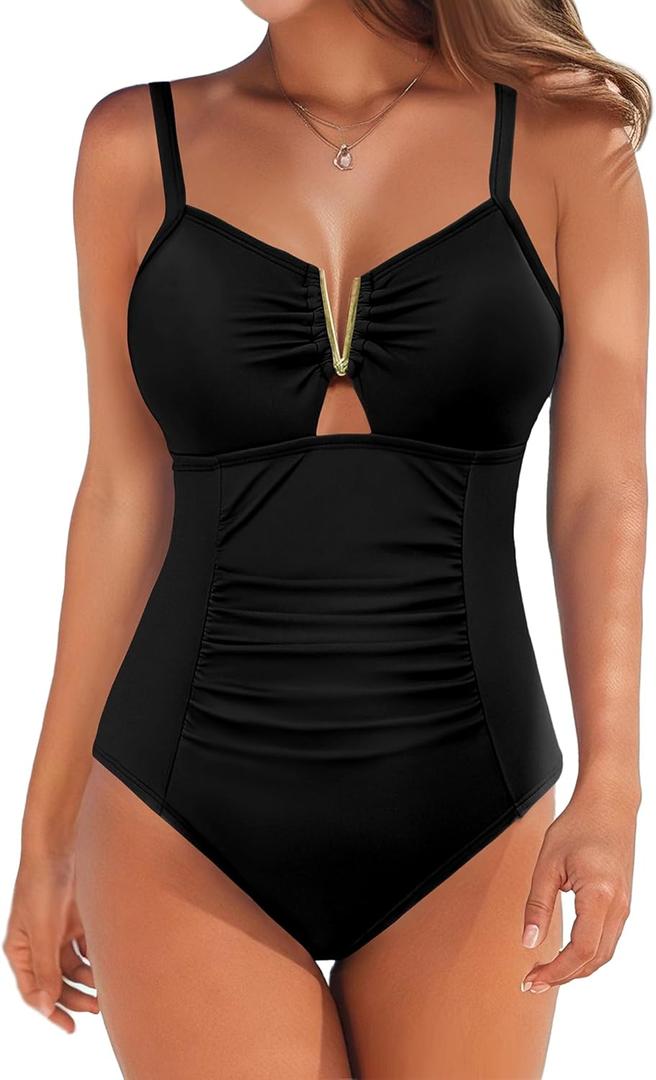 AI'MAGE Women's Tummy Control Swimsuits Ruched Slimming One Piece Bathing Suit V Neck Swimsuit (XX-Large)