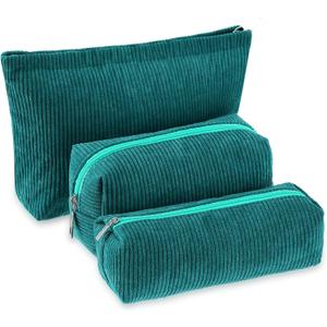 3 Pcs Makeup Bag Set for Women Corduroy Cosmetic Pouch Aesthetic Smile Travel Toiletry Bag Cute Purse Pouch Pencil Case Makeup Brushes Storage Organizer with Zipper(Dark Green,Solid Style)