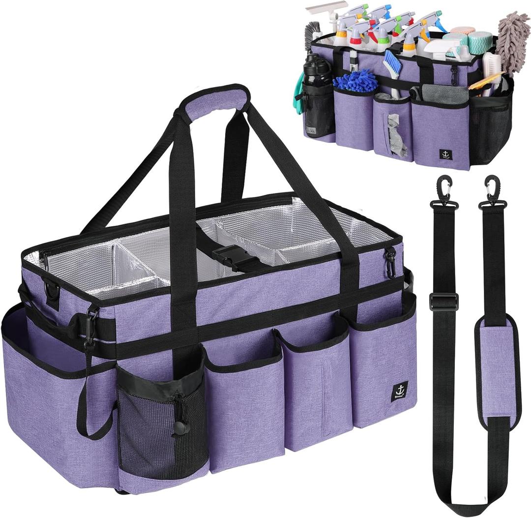 Extra large Cleaning Caddy Bag Built-in Sturdy Support Board, Cleaning Organizer with Detachable Divider, Cleaning Supply Tote with Adjustable Shoulder Strap (Purple, 19'' x 11'' x 11'')