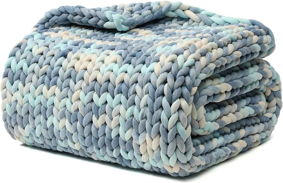 YnM Weighted Blanket, Handmade Chunky Knitted Design, Soft and Cozy, Temperature Regulating and Breathable, Machine Washable Throw for Sleep or Home Decor (Light Blue Tie-Dyed, 60x80 Inch, 15lbs)