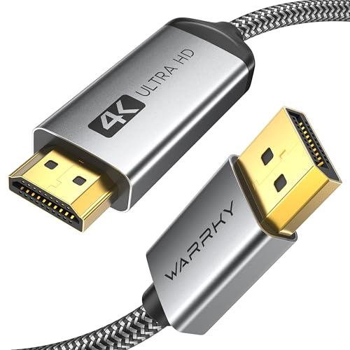 WARRKY 4K DisplayPort to HDMI Cable [UHD, Metal Case, Nylon Cable] 6FT Unidirectional Display Port 1.2 Source to HDMI 1.4 Screen, DP to HDMI Compatible for Computer, NVIDIA, AMD, Dell, Lenovo, Monitor