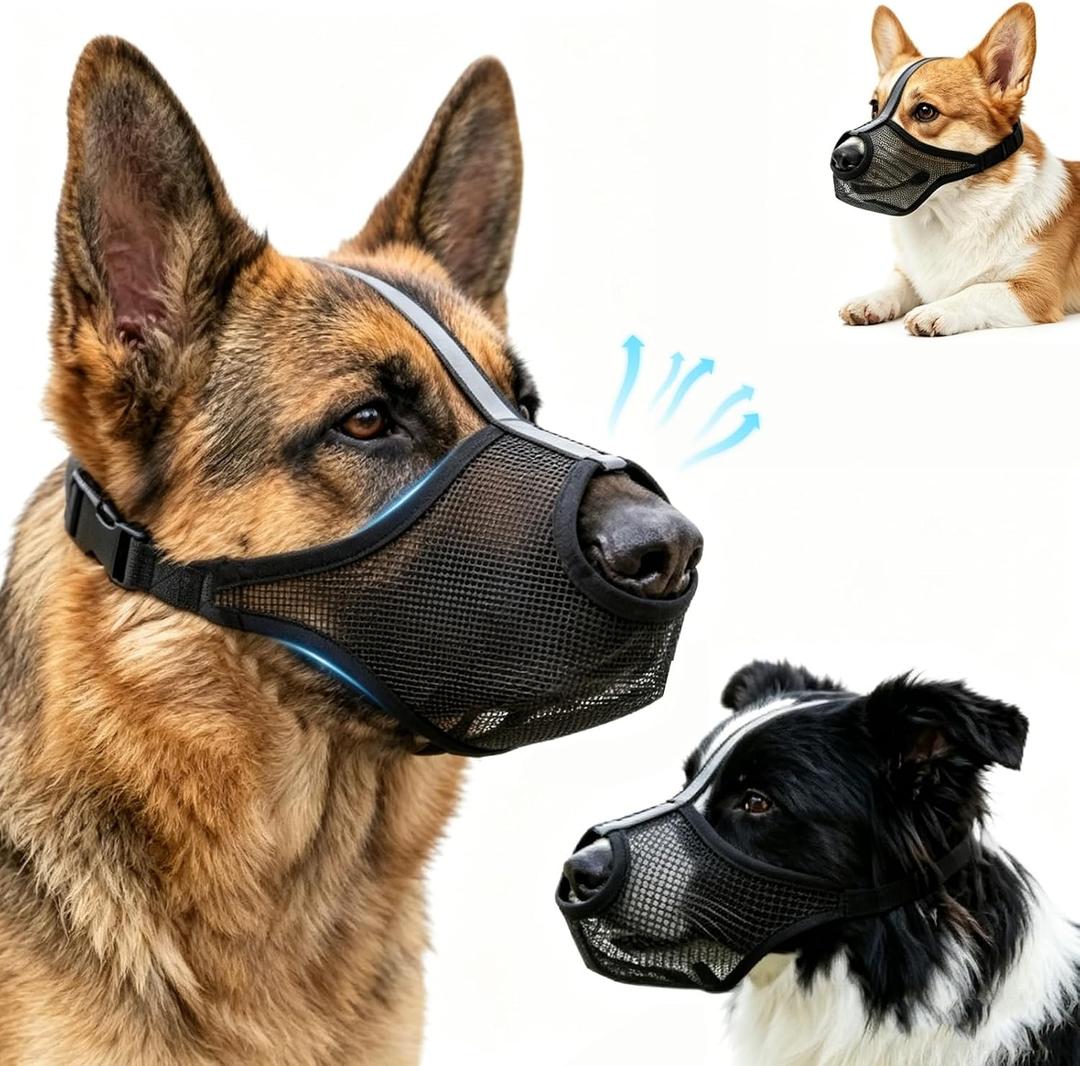Dog Muzzle Fits 6.9–10.63in Mouth Circumference – Anti-Scavenging T-Shaped Mesh, Prevents Biting, Barking & Eating | 1.2oz Lightweight Breathable PVC Padded Mouth Guard with Luminous Strap, Size: L